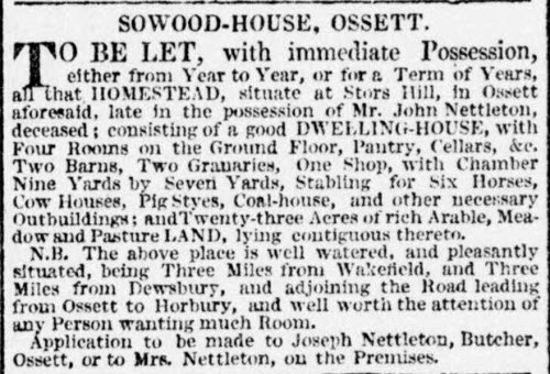 Sowood HOuse advert in Leeds Mercury