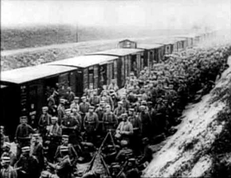 German troops from the Eastern Front entraining on the Western Front in March 1918