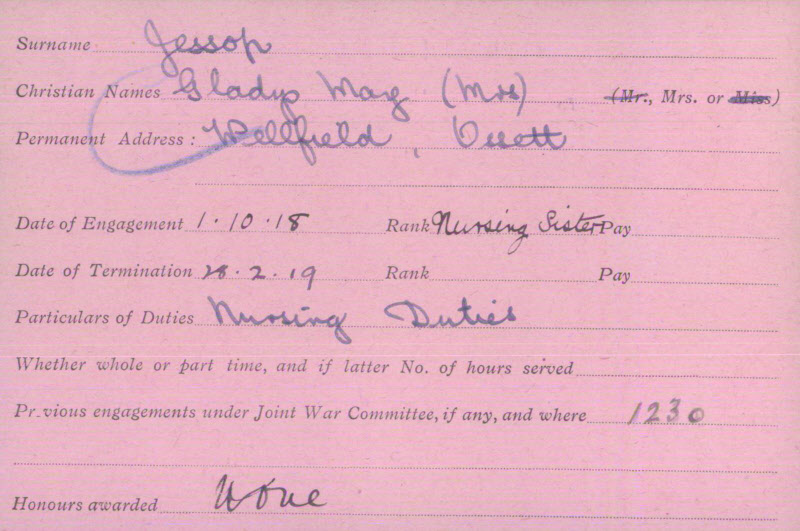 Gladys Jessop Record Card