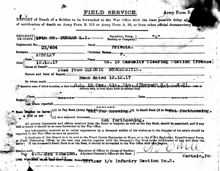 Percy Audsley mmedical record card WW1