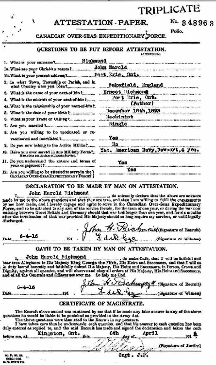 Attestation Canadian Army 