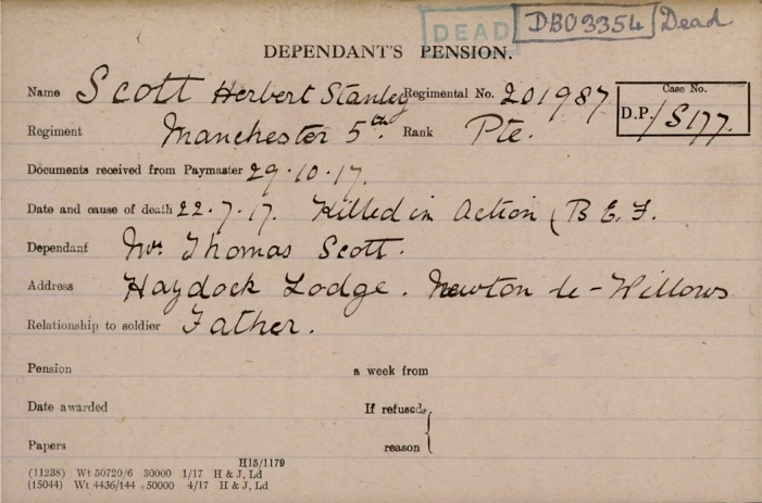 Herbert SCott Pension Card