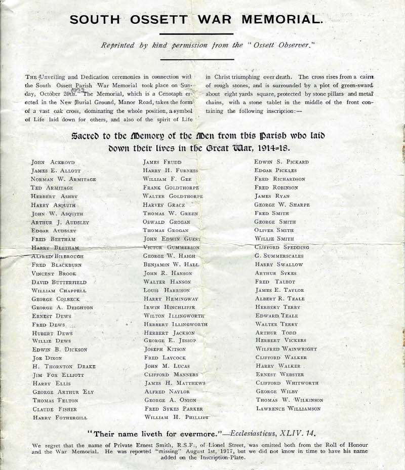 South Ossett War Memorial List